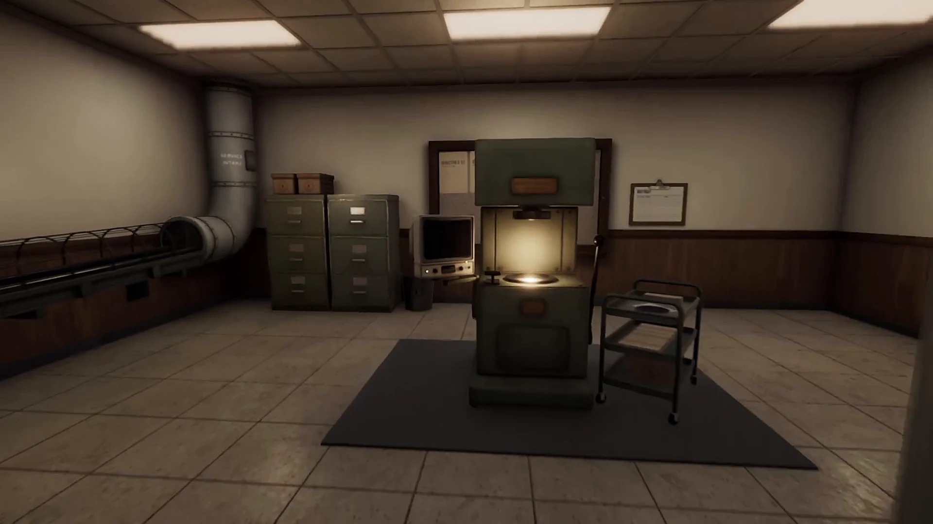 The office: the intake pipe, the filing cabinets and the press